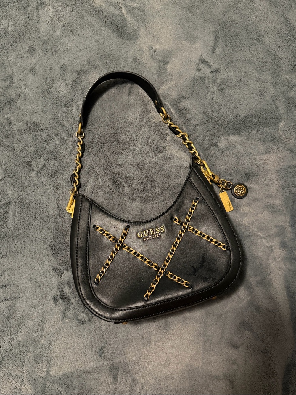 Guess Black Shoulder Bag with Gold Chain Detail